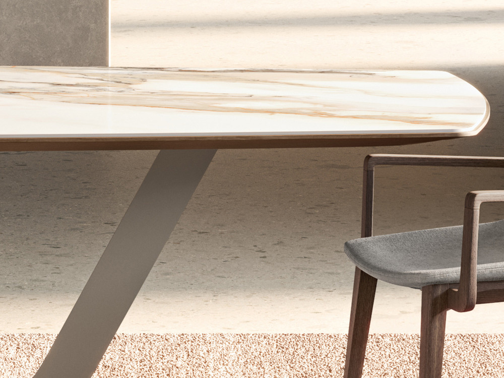 Mobel 6000: mesa Manhattan Barrell Ceramics, detalle único de cantos biselados al revés en madera de Tilo