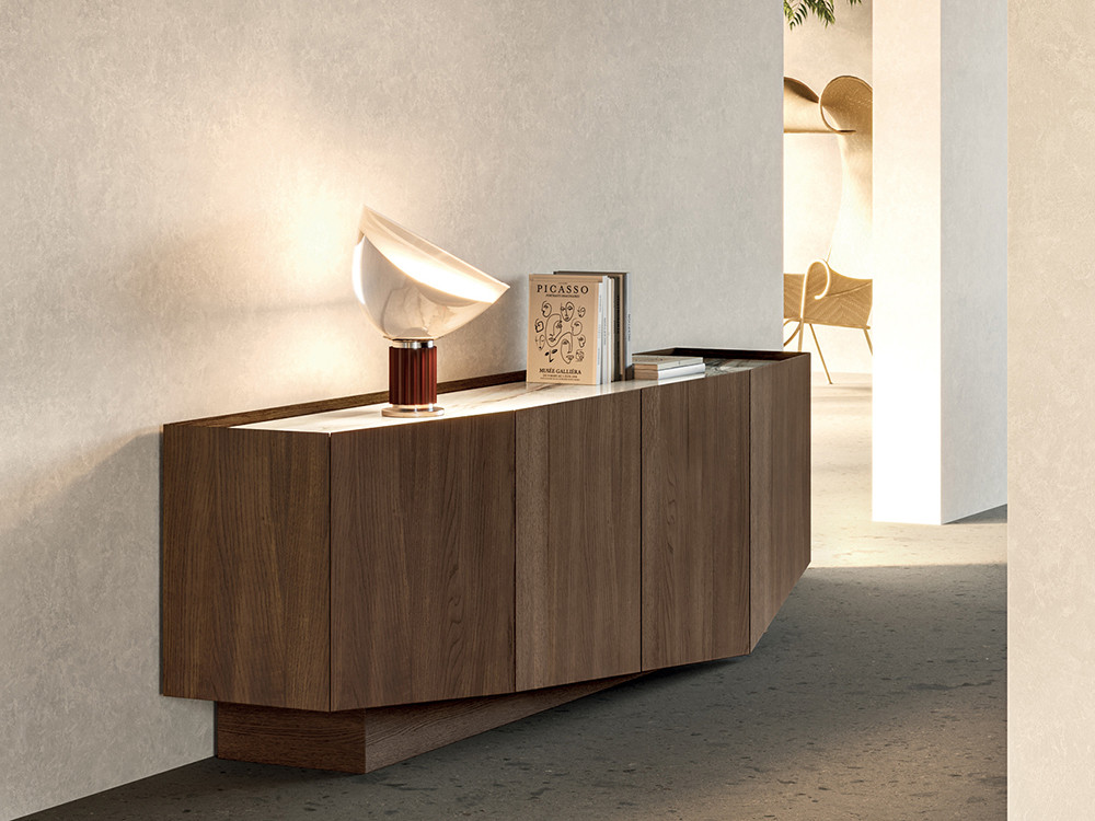 Aparador bajo Cleo de Devina Nais: diseño geométrico contemporáneo en madera de roble y porcelánico en Mobel 6000