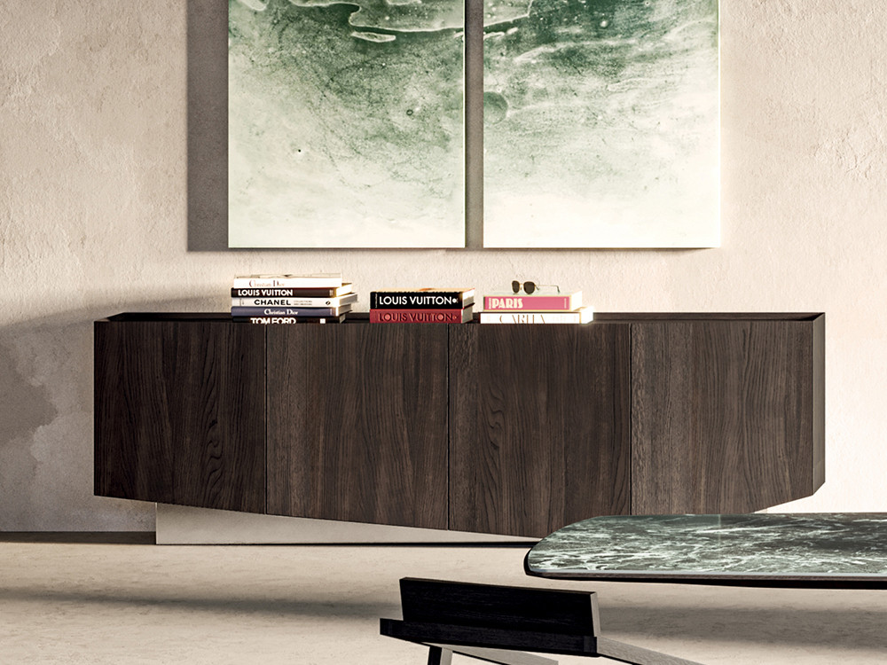 Aparador color roble Cleo de Devina Nais: diseño artesanal con zócalo en acabado espejo en Mobel 6000