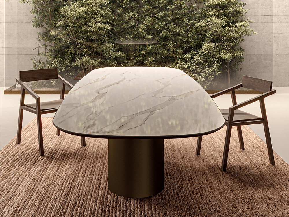 Mobel 6000: mesa comedor porcelánico Cosmopolitan, diseño con base Shell de hierro y cantos de madera de tilo