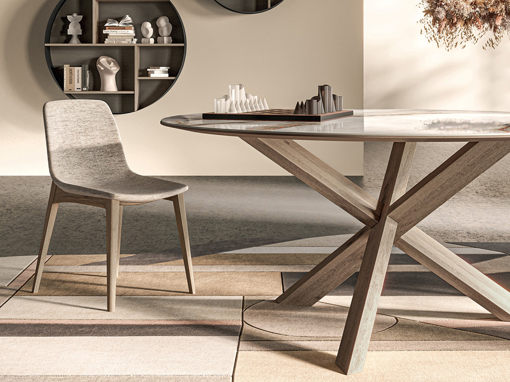Mobel 6000: mesa comedor porcelánico Manhattan Ring, diseño con cantos de madera de tilo vista y patas Cross