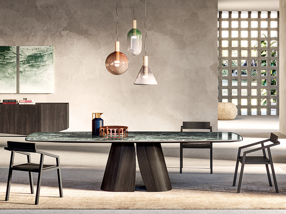 Mesa de comedor Manhattan Barrel Ceramics Pod de Devina Nais: sobre de porcelánico y madera de tilo en Mobel 6000