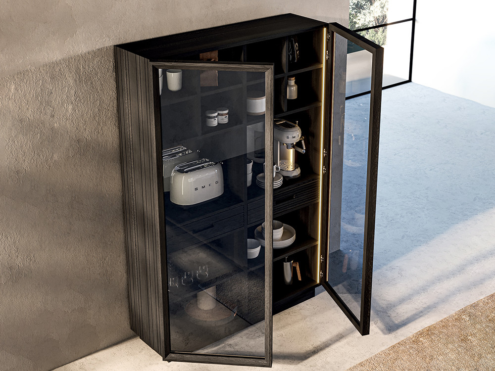 Mobel 6000: vitrinas salón modernas Volo por Devina Nais, detalle de cajones alistonados disponible en dos medidas