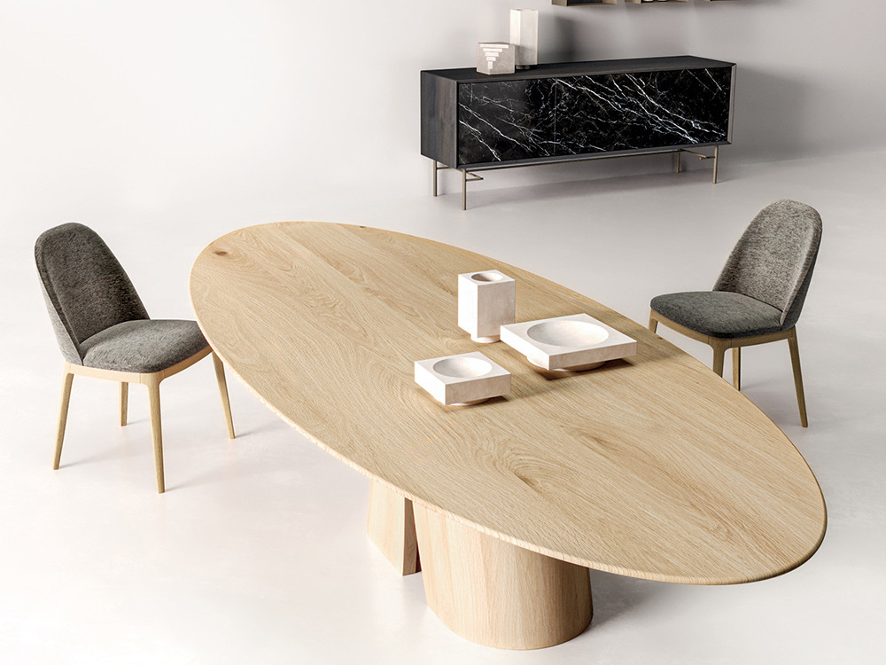 Mobel 6000: mesa ovalada madera de roble Caleido, diseño italiano con base Pod en chapa natural