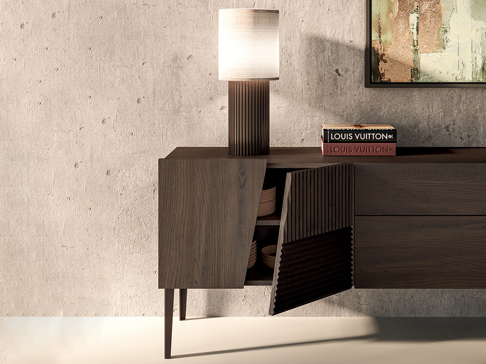 Mobel 6000: exclusivo mueble tv diseño Zero.16 por Devina Nais, frentes carvados irregulares de fabricación italiana