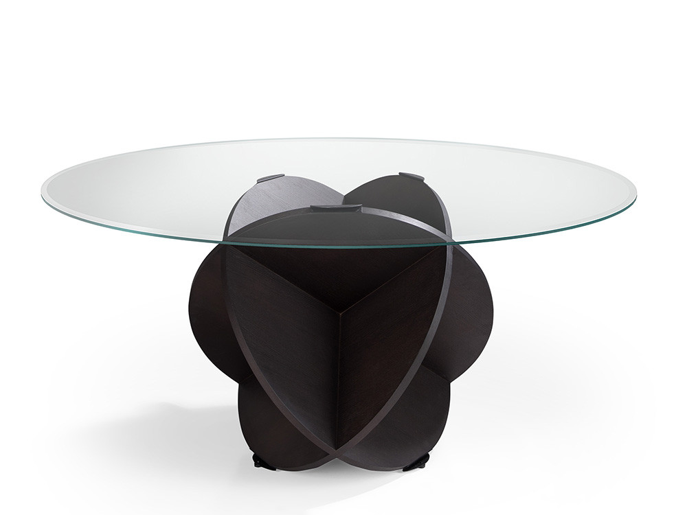 Mobel 6000: mesa redonda de cristal Desert Rose Glass, elegancia en cristal templado transparente y madera natural