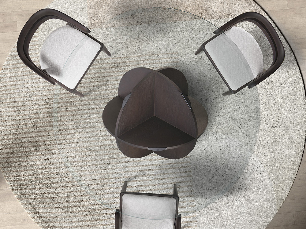 Mesa redonda de diseño Desert Rose Glass: sobre de vidrio y base escultórica disponible en varias medidas en Mobel 6000