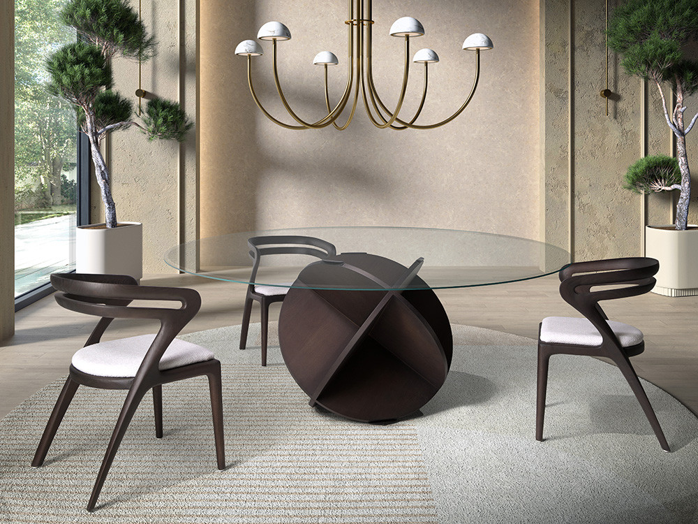 Mesa de comedor de cristal Desert Rose Glass: diseño circular con base escultórica de roble teñido en Mobel 6000