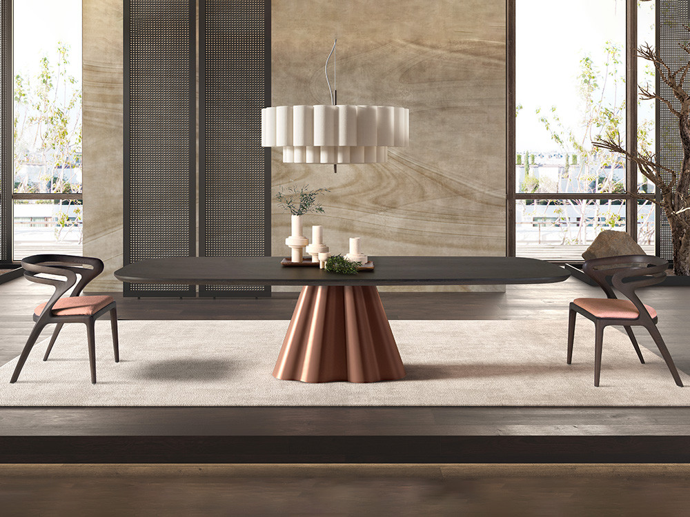 Mesa de comedor fija Flam Fix Wood: sobre de chapa natural de roble teñido y base de metal en Mobel 6000