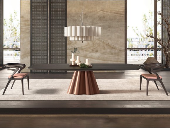 Mesa de comedor fija Flam Fix Wood: sobre de chapa natural de roble teñido y base de metal en Mobel 6000