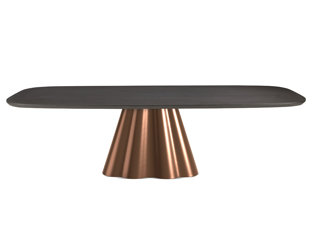 Muebles de comedor modernos: mesa Flam Fix Wood con base escultórica de metal y sobre de madera en Mobel 6000