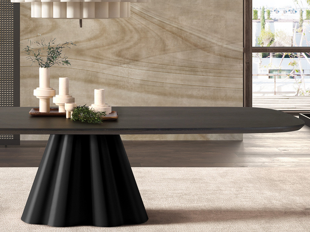 Comedores modernos con la mesa Flam Fix Wood: diseño rectangular con canto natural en roble para Mobel 6000