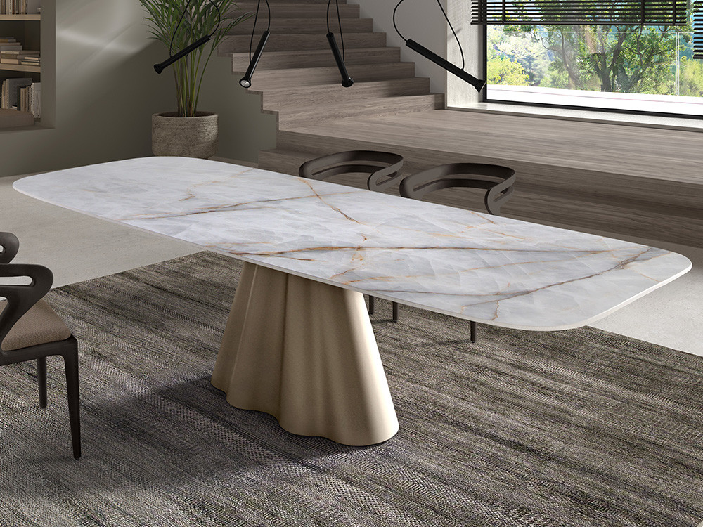 Mesa de comedor Flam Flix Keramic 12mm: sofisticado sobre porcelánico y base escultórica de metal en Mobel 6000