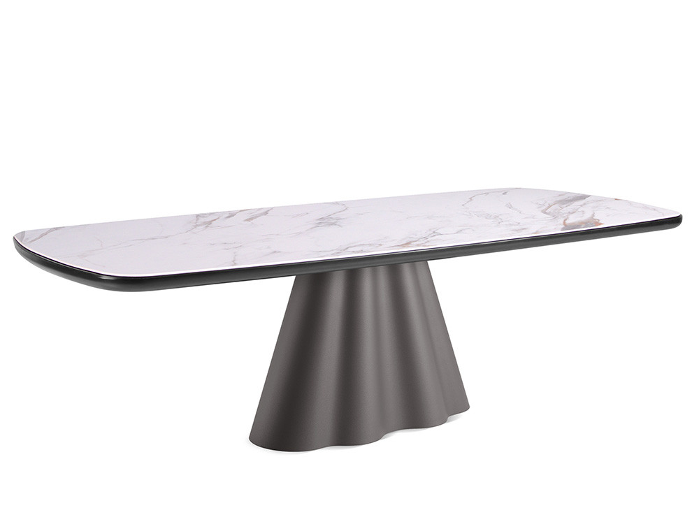 Mobel 6000: mesa comedor porcelánico Flam Fix, exclusivo diseño con base escultórica de metal ondulado lacado