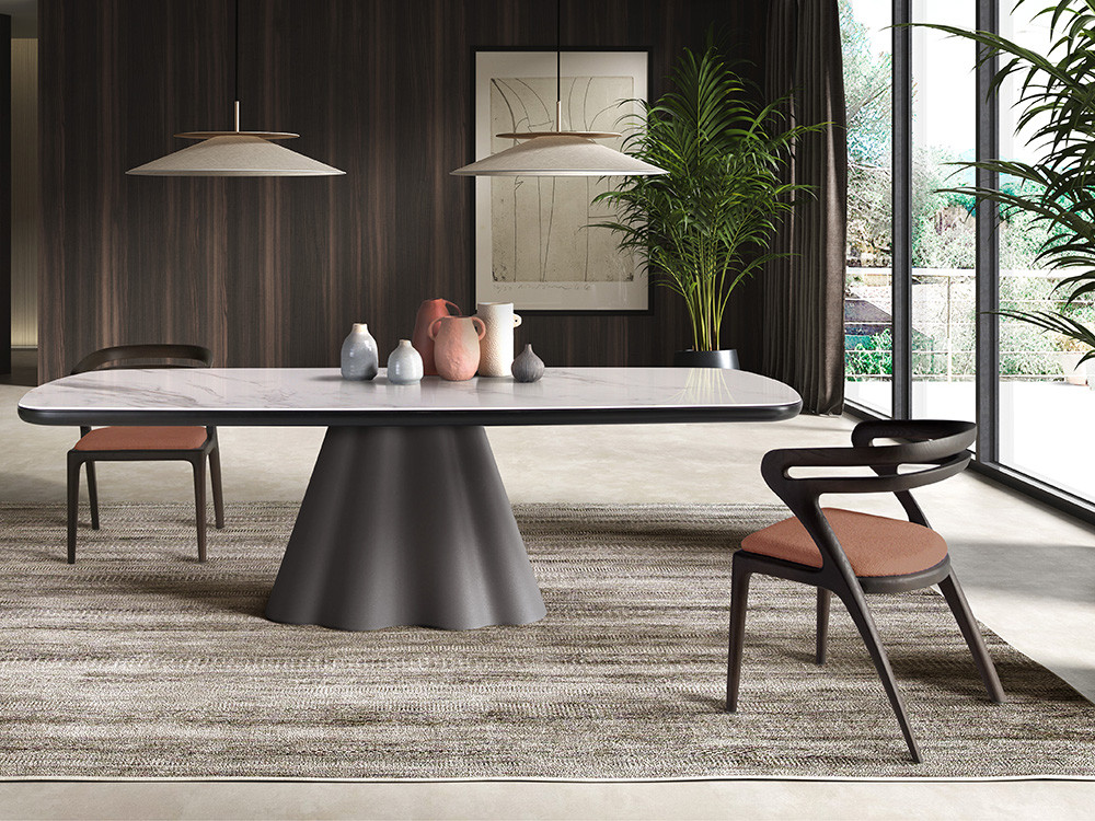 Mesa de comedor Flam Fix Keramic: sobre porcelánico de 6mm sobre DM lacado y base de metal ondulado en Mobel 6000