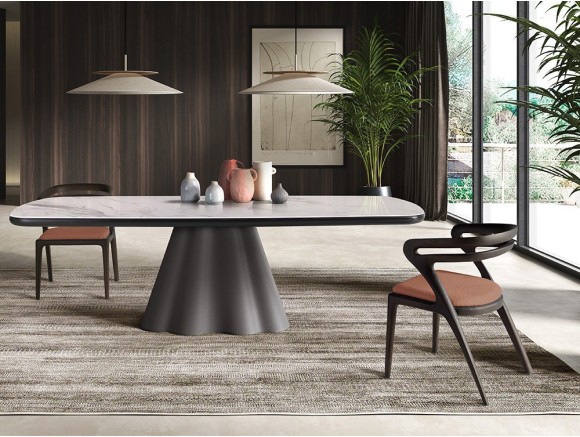 Mesa de comedor Flam Fix Keramic: sobre porcelánico de 6mm sobre DM lacado y base de metal ondulado en Mobel 6000