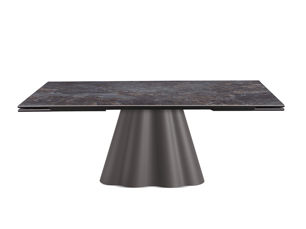 Mobel 6000: mesa de diseño Flam Keramik extensible, exclusivo acabado cerámico y base de metal ondulado