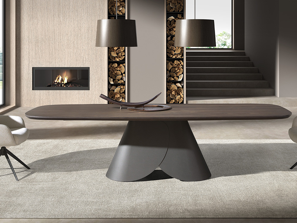 Mesa de comedor Lihue Fix Wood de Nacher: sobre de chapa natural de roble y base de metal en Mobel 6000