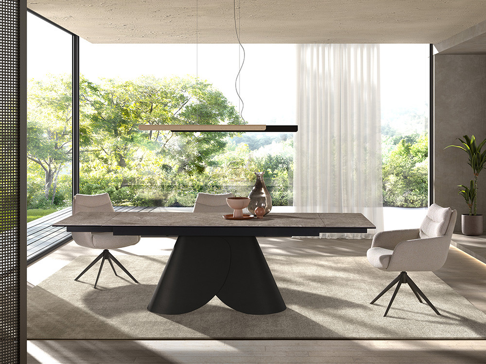 Mesa de comedor extensible Lihue Keramic de Nacher: sobre porcelánico y base de metal en Mobel 6000