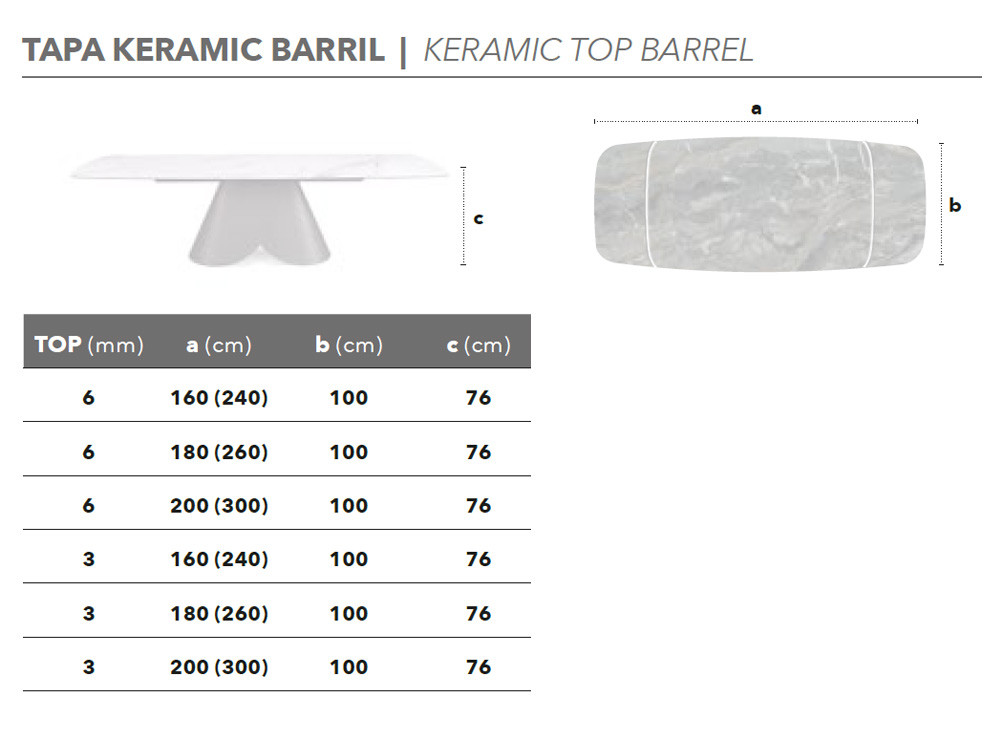 Muebles de comedor modernos: mesa Lihue Keramic Barrel, maestría artesanal española con base de metal curvado en Mobel 6000