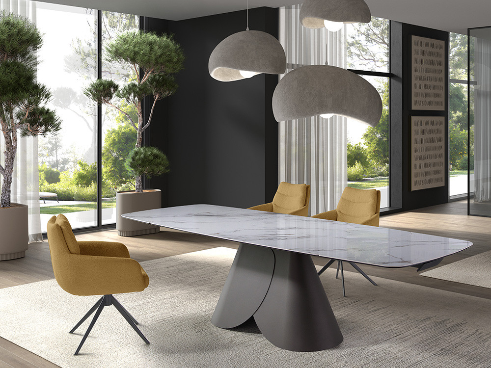 Mesa de comedor extensible Lihue Keramic Barrel de Nacher: sobre porcelánico y base de metal en Mobel 6000