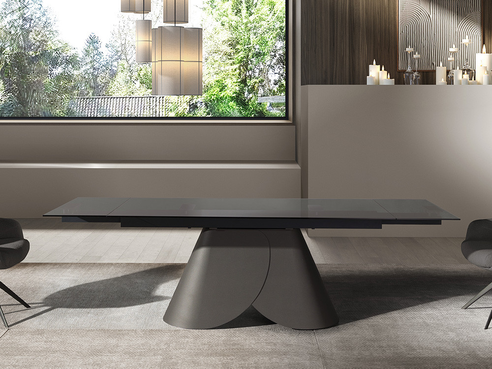 Mesa de comedor extensible Lihue Glass de Nacher: sobre de cristal templado y base escultórica en Mobel 6000