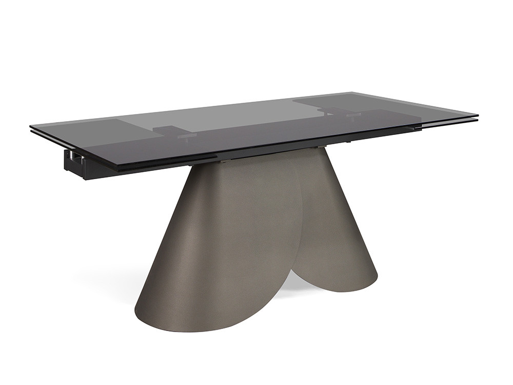 Mesa de comedor de cristal extensible Lihue: funcionalidad con dos extensiones laterales y diseño nacional en Mobel 6000