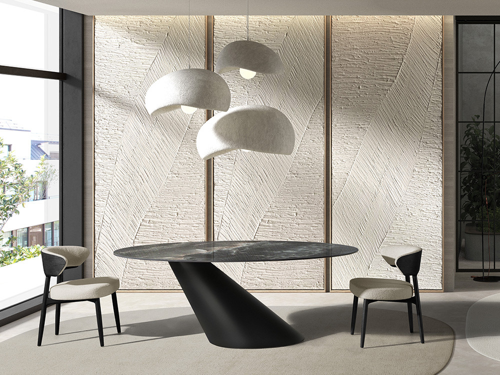 Mesa de comedor ovalada Maui Keramic de Nacher: diseño de fabricación española con sobre porcelánico en Mobel 6000