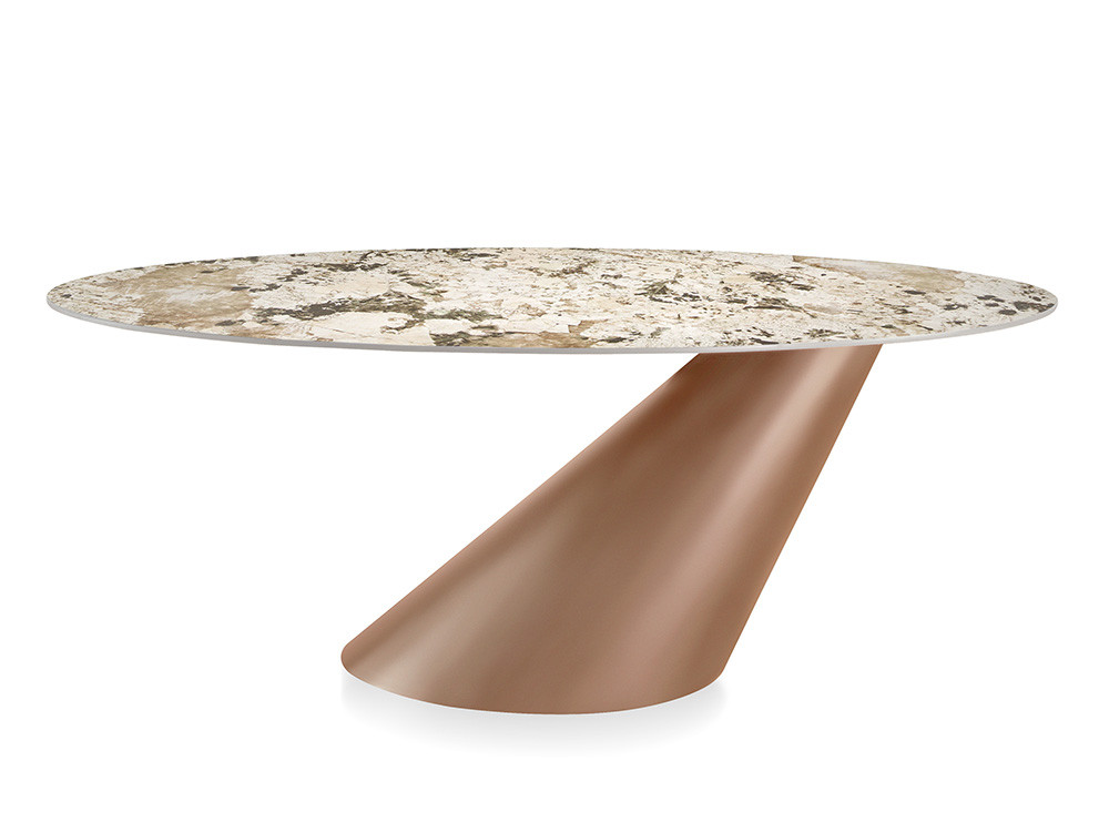 Mesa comedor ovalada Maui de Nacher: sofisticada pieza con base de cono inclinado para salones de lujo en Mobel 6000