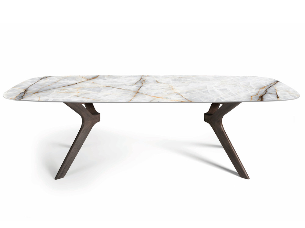 Mobel 6000: mesa comedor porcelánico Lin, elegante silueta rectangular o barril y patas de madera teñida por Nacher