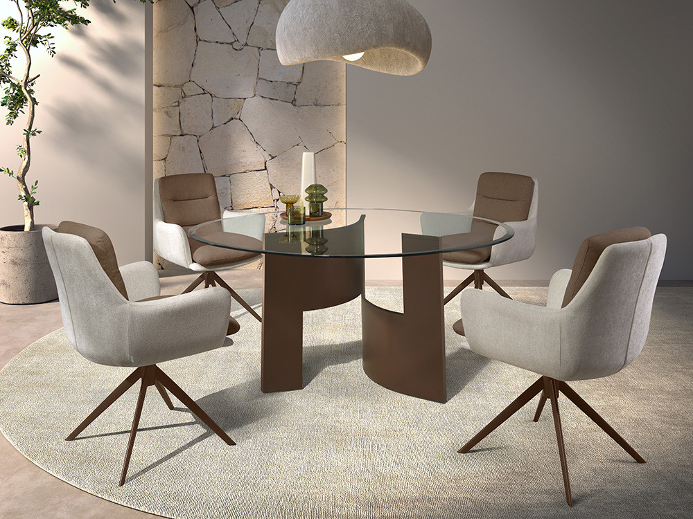 Mesa de comedor redonda Lambda A Glass de Nacher: sobre de cristal templado transparente y base de metal en Mobel 6000