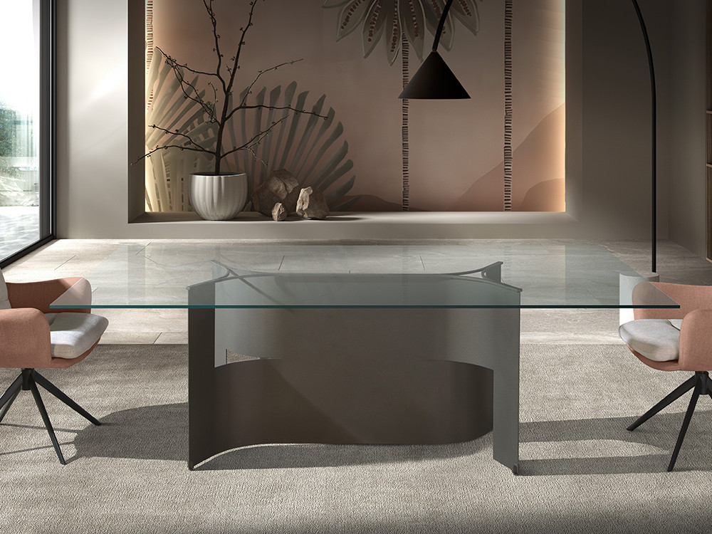 Mesa de comedor de cristal Lambda B de Nacher: diseño de fabricación española con sobre templado transparente en Mobel 6000