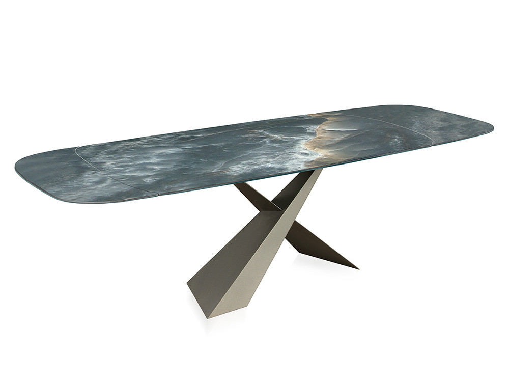 Mesa porcelánico extensible Jasper Barrel de Nacher: sofisticada base escultórica de metal lacado en Mobel 6000