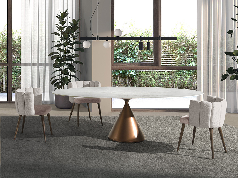 Mesa de comedor ovalada Aiko Fix Keramic de Nacher: sobre porcelánico de 12mm y base de metal en Mobel 6000