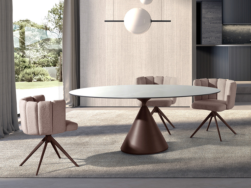 Mobel 6000: mesa comedor porcelánico Aiko Oval, diseño de fabricación española con base cónica de metal lacado