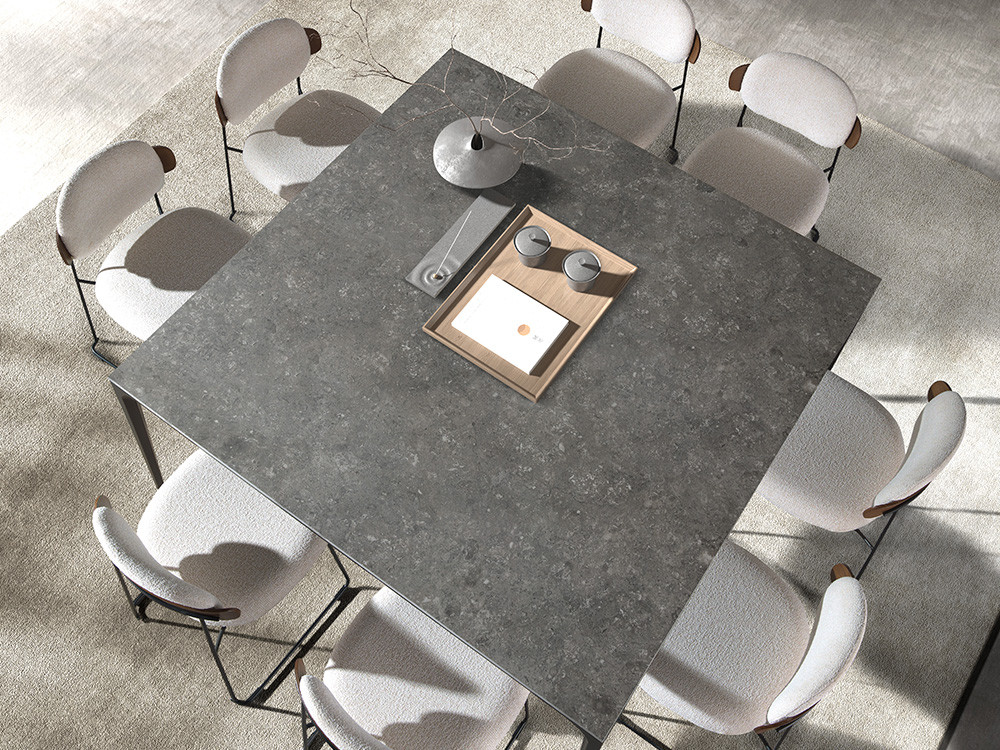 Mobel 6000: elegante mesa de comedor fija Kuki, artesanía española de Nacher disponible en formato cuadrado o rectangular