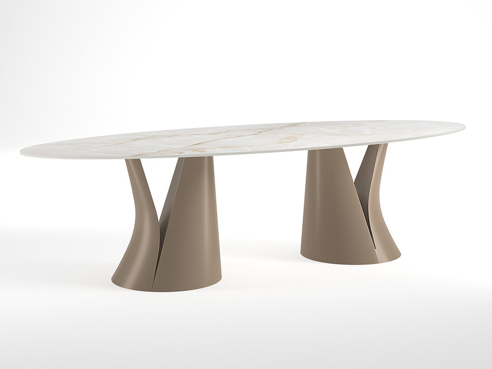 Mobel 6000: mesa comedor porcelánico Navi, elegante silueta ovalada y base escultórica de MDF lacado personalizable