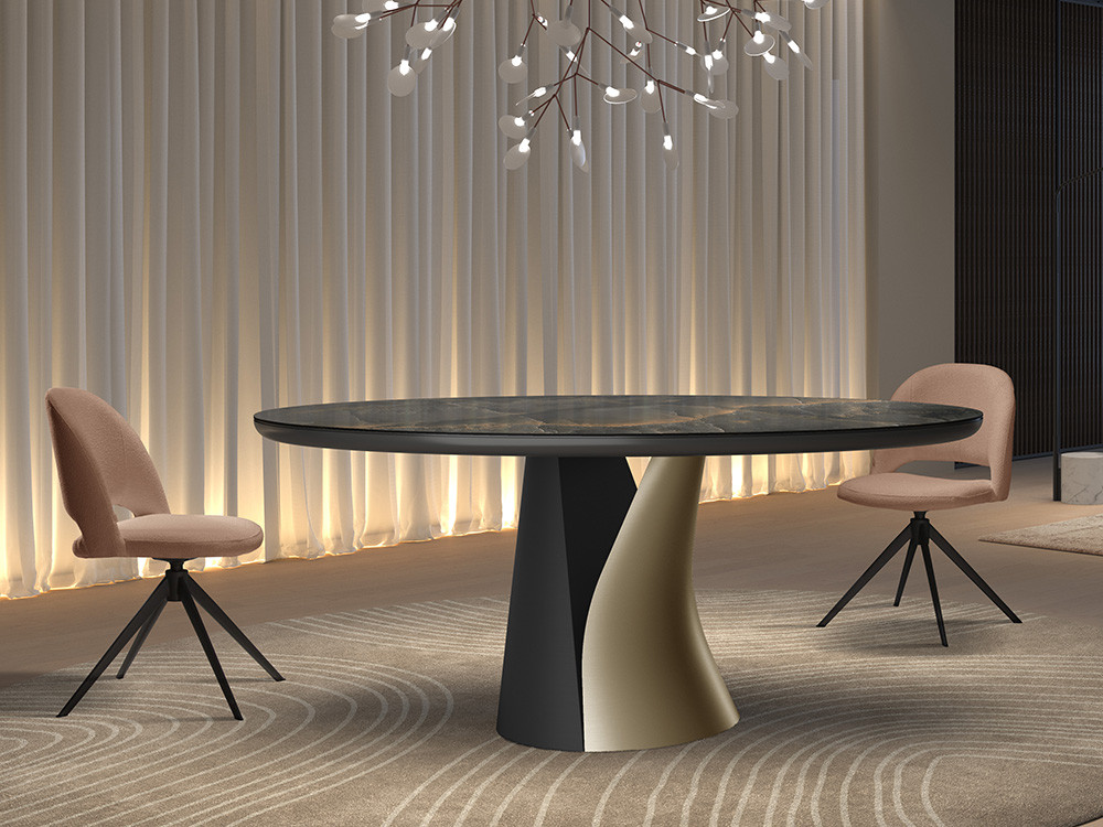 Mesa de comedor ovalada Navi Round Fix Keramic de Nacher: sobre porcelánico de 6mm sobre MDF lacado