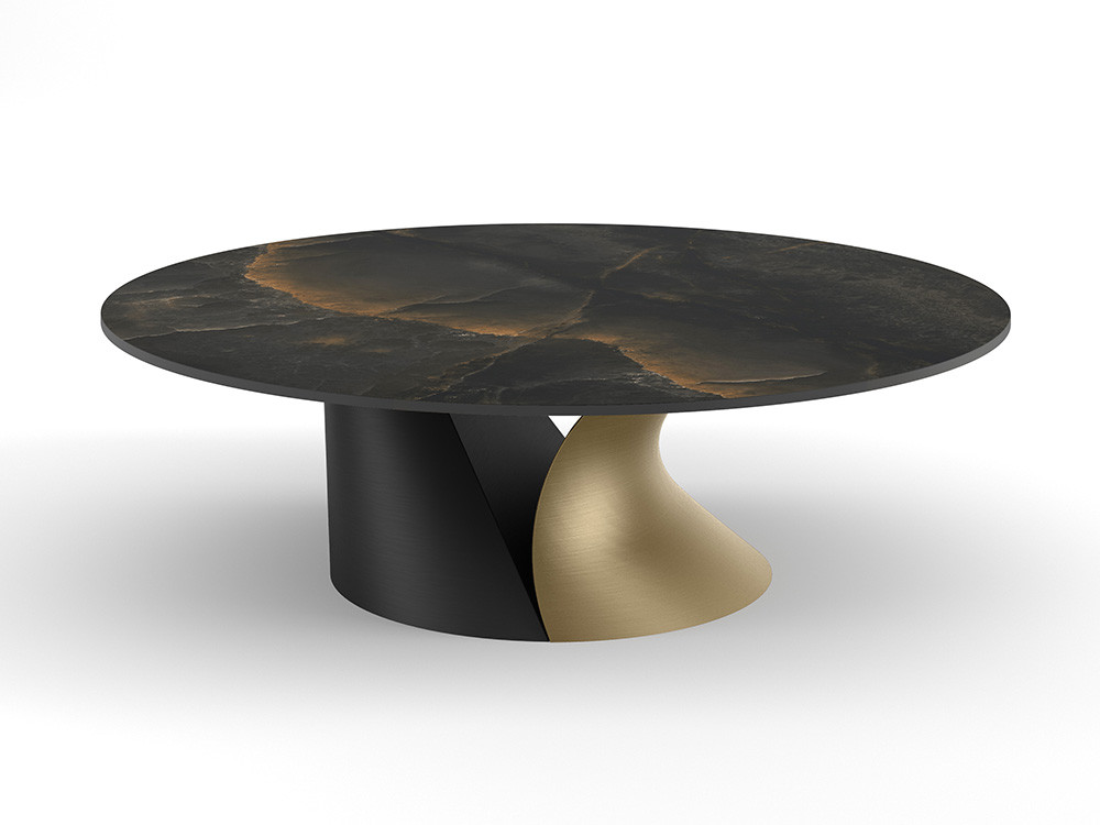 Mesa de centro de diseño Navi Keramic de Nacher: sobre porcelánico de 12mm y base escultórica negro y oro en Mobel 6000
