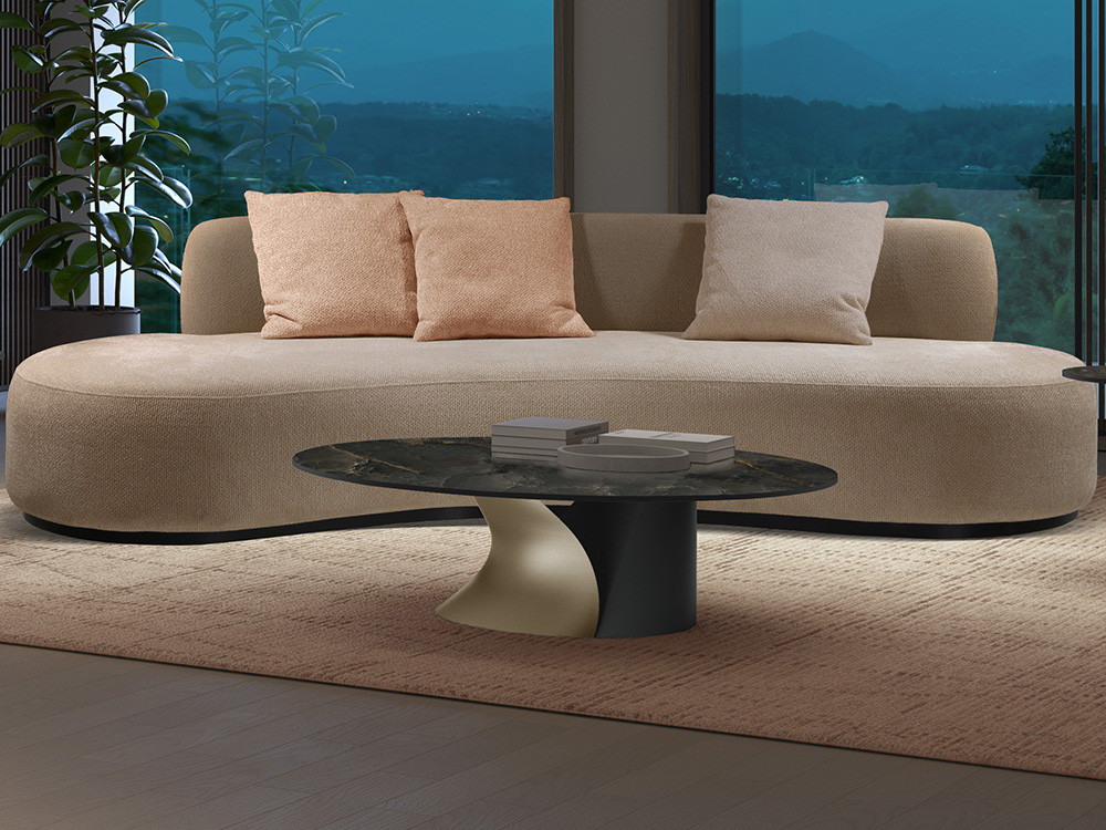 Mobel 6000: elegante mesa centro porcelánico Navi, diseño en formato redondo u ovalado con base de MDF torneado