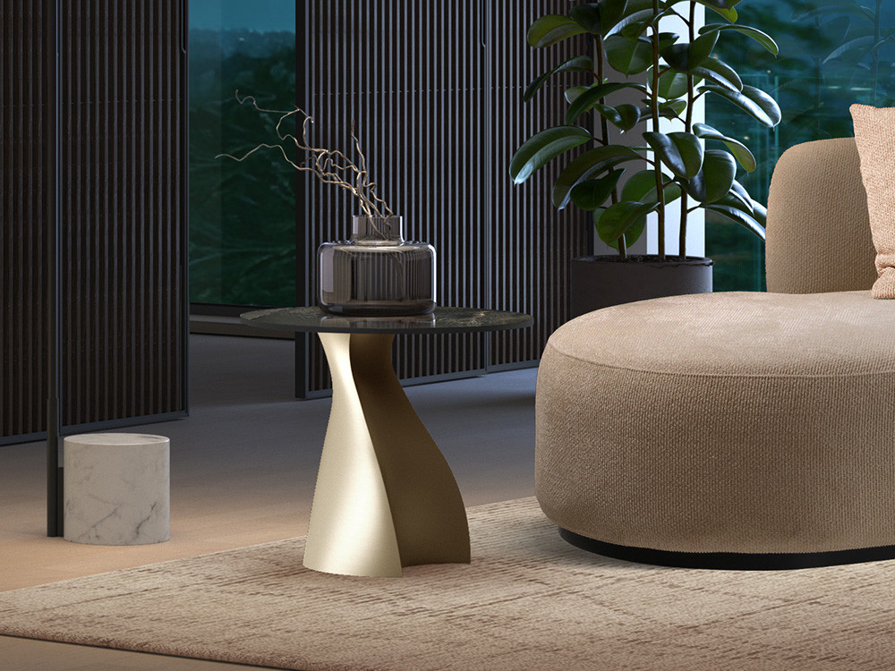 Mesa auxiliar salón Navi Keramic de Nacher: exclusivo sobre redondo porcelánico de 12mm y base torneada en Mobel 6000
