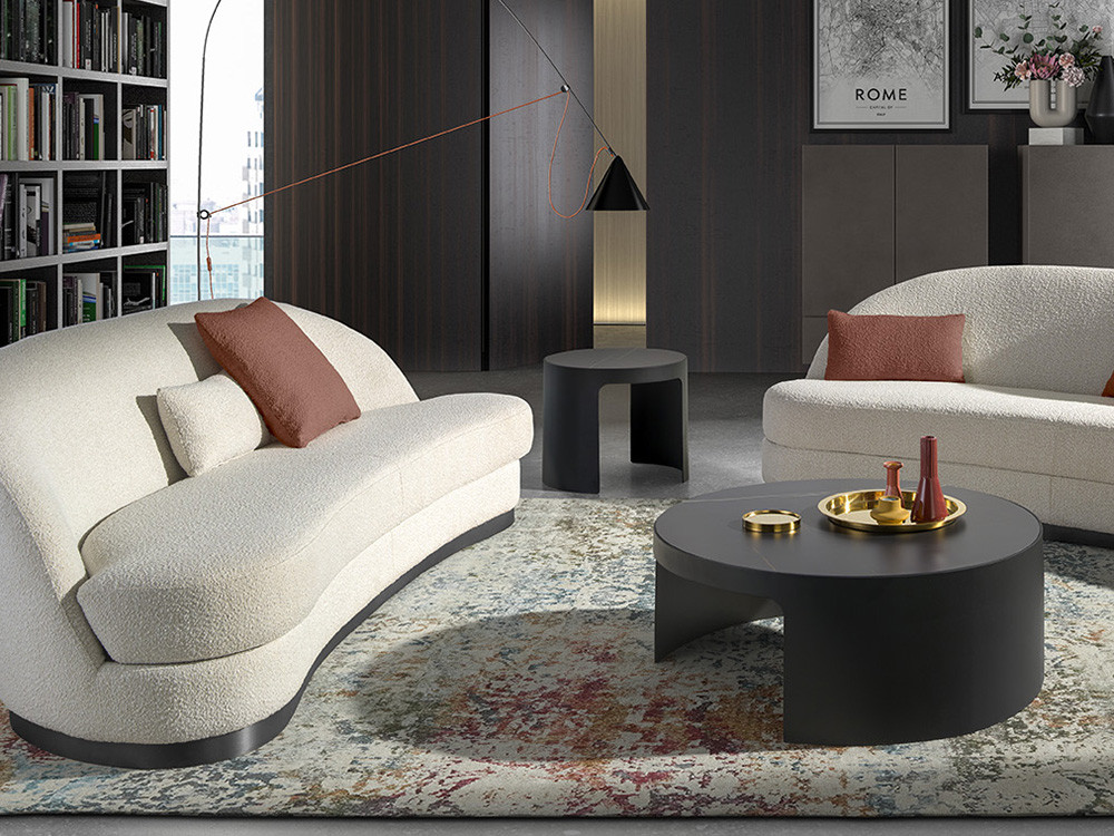 Mesa de centro redonda Nomi de Nacher: diseño de fabricación española con sobre porcelánico y base de metal en Mobel 6000