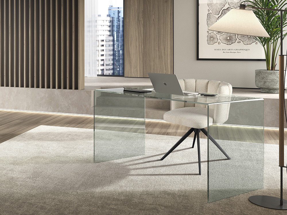 Escritorio de diseño Glassy de Nacher: elegancia minimalista en cristal templado transparente en Mobel 6000