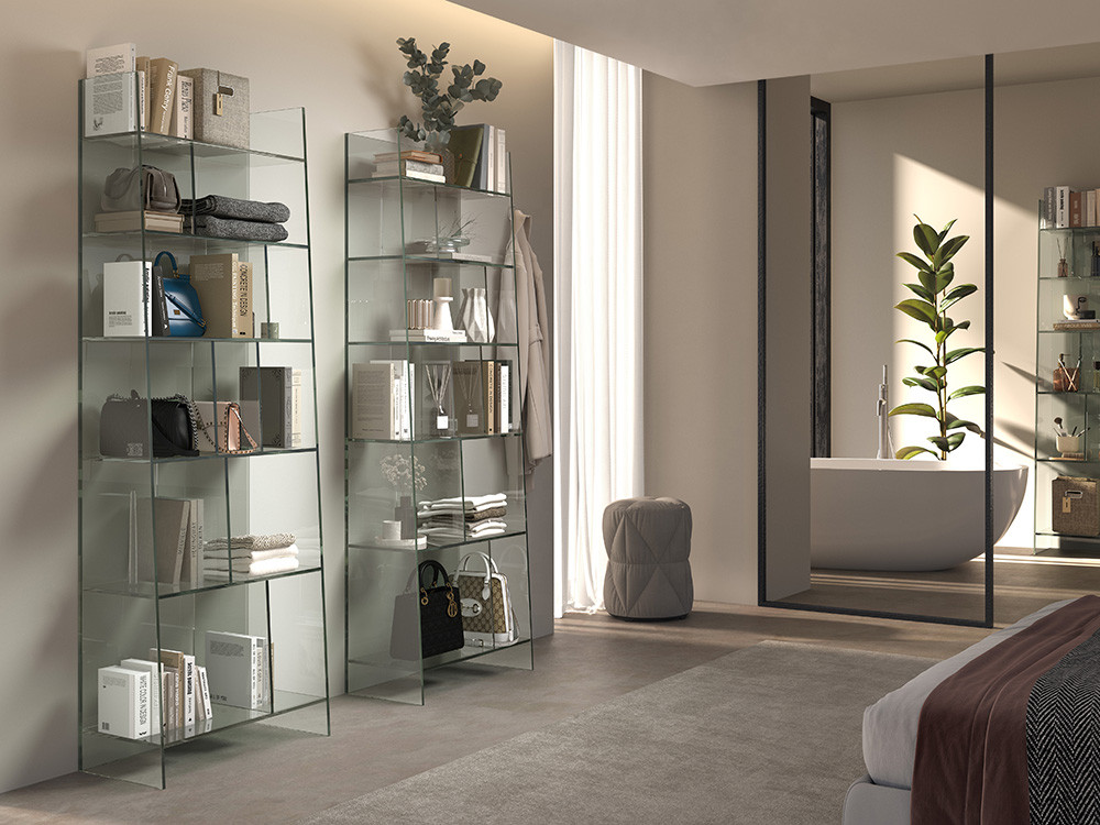 Estanterías salón modernas She de Nacher: elegancia minimalista en cristal templado en Mobel 6000
