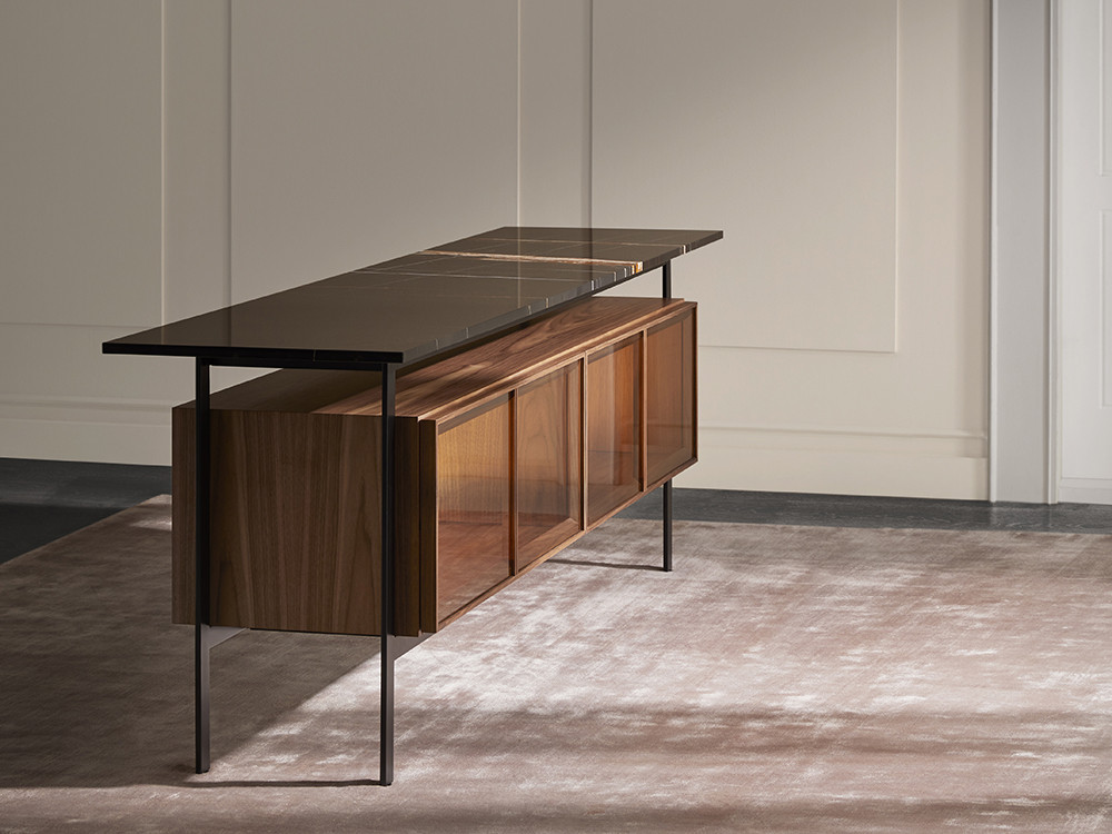 Mobel 6000: pieza escultural Chicago por Punt, aparador bajo de madera y piedra natural para ambientes contemporáneos