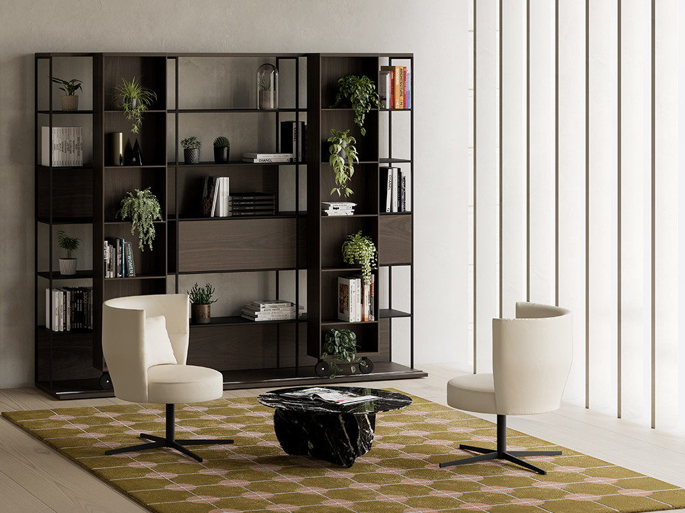 Estanterías para salón modernas: pieza Literatura Open de Punt, módulos fijos y carro móvil