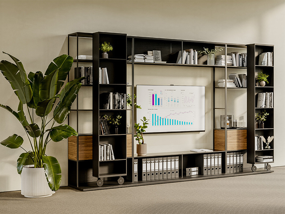 Mobel 6000: elegante mueble tv con librería Literatura Open de Punt para salones de diseño
