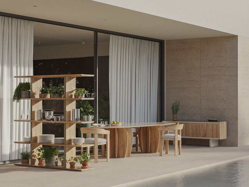 Salones de diseño exterior: aparador Atrio de Punt Mobles, calidez de la teca y resistencia del Dekton en Seismil Studio Madrid