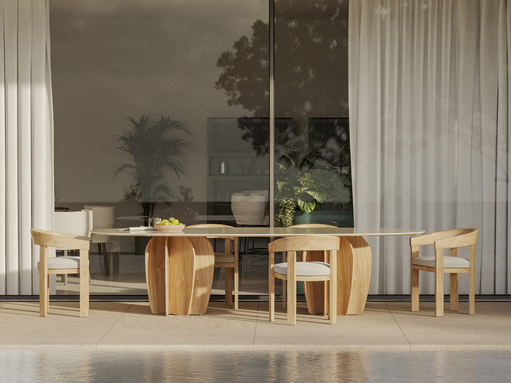 Mesa de jardín de madera Coral de Punt: diseño escultural de Arik Levy en teca y Dekton en Seismil Studio Madrid.
