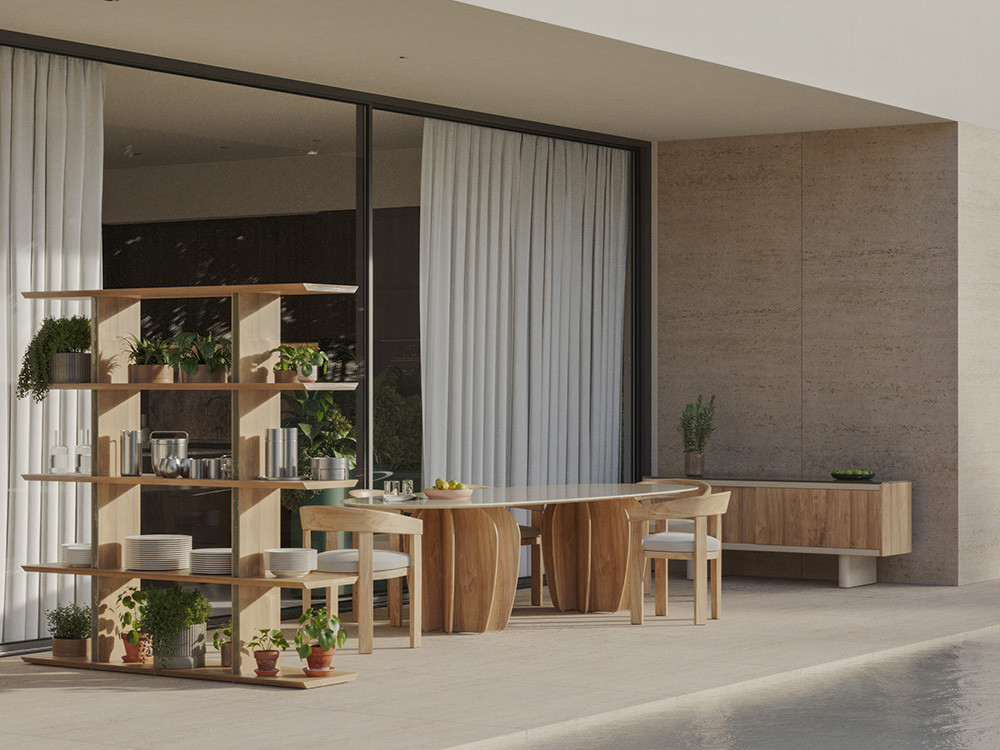 Mesa para la terraza Coral Outdoor por Punt: Arik Levy diseña en teca y Dekton ovalado en Seismil Studio Madrid.